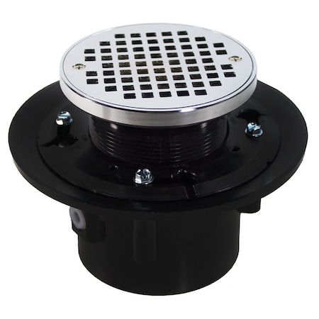 Jones Stephens 3inX4in Heavy Duty ABS Drain Base, 3-1/2in Plastic Spud, 5in Chrome Plated Strainer, Ring D49136